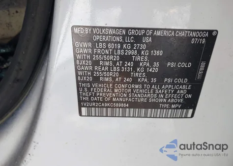2019 Volkswagen Atlas 3.6L V6 Se W/Technology из США, поврежденный, VIN 1V2UR2CA9KC589864